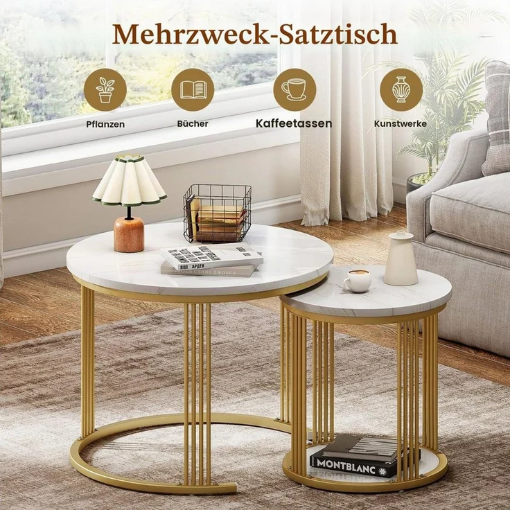 Dripex Couchtisch Couchtisch Set 2er rund, Marmor-Metall, Nesting mit Stauraum, Weiß – Bild 4