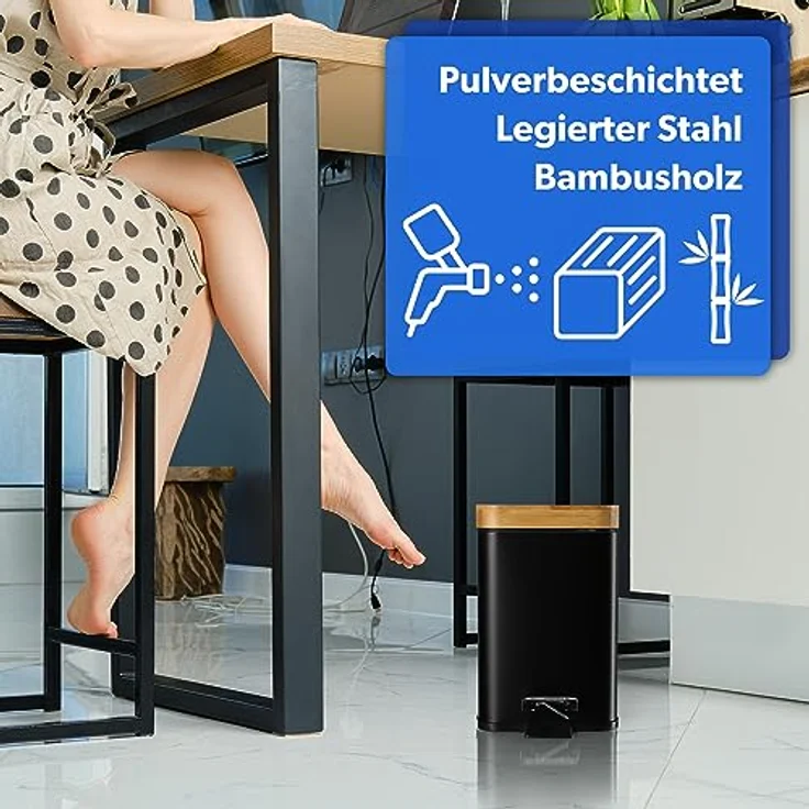 KADAX Abfallbehälter, 3L Kosmetikeimer mit Fußpedal und Absenkautomatik, pulverbeschichtet, mit Bambusdeckel (Schwarz) – Bild 4