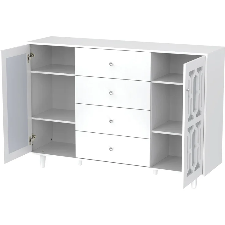 Weißes Spiegel-Sideboard 147×40×102 cm mit 4 Schubladen, 2 Türen, Glasgriffen,Kommode Highboard Luxus Design – Bild 8