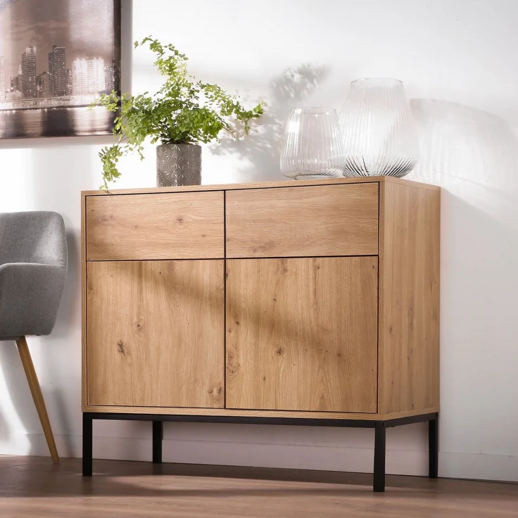 Casâme 'LENNY' Kommode, 2 Türen, 2 Schubladen, Eichendekor - L90 x H80 cm - Eiche – Bild 2