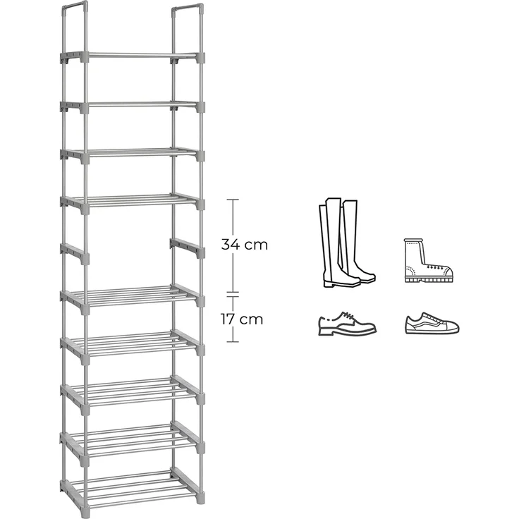 SONGMICS Schuhregal mit 10 Ebenen, offener Schuhschrank hoch, Schuhständer schmal, Schuhaufbewahrung, aus Metall, platzsparend, für Ankleidezimmer, Flur, 30 x 45 x 174 cm, grau – Bild 7