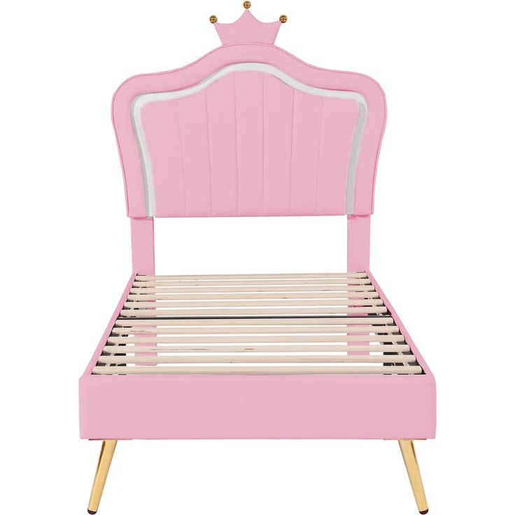 Bett 90x200 cm aus PU-Kunstleder mit LED-Leiste und verstellbarem Kopfteil – kindgerechtes Design in Pink – Bild 8