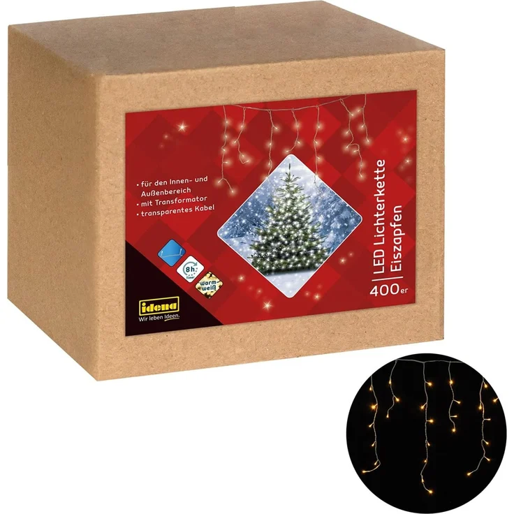 Idena LED Lichter-Kette Eiszapfen mit 400 LED in Warmweiß, mit 8 Stunden Timer Funktion und Transformator, ca. 10,27 m lang, Dekoration von Garten, Balkon, Terrasse und zu Weihnachten