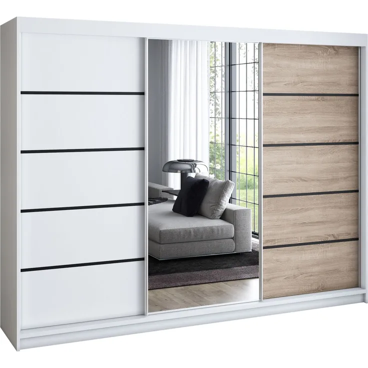 A&J MöbelLand 'Viluno 2' Schwebetürenschrank mit 4 Schubladen und Spiegel, Spanplatte, 215 x 59,5 x 200 cm, Weiß / Natur / Weiß