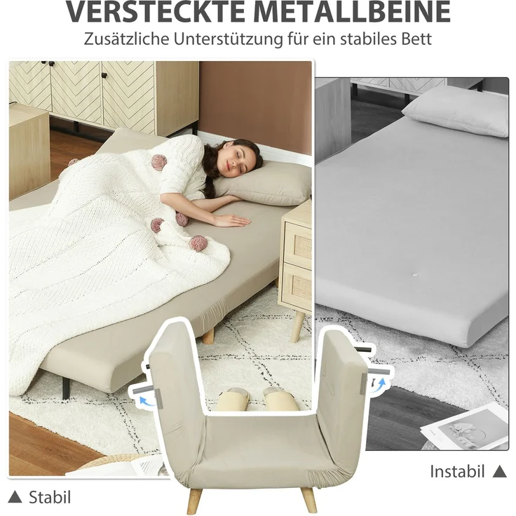 HOMCOM 2-Sitzer Sofa mit Bettfunktion, verstellbare Rückenlehne, bis 250 kg belastbar, Beige, 130 x 78 x 79 cm – Bild 8