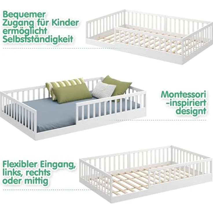 CADANI Kinderbett CADANI Timi Kinderbett Montessori Bodenbett (abnehmbarer Rausfallschutz), integrierter Lattenrost – Bild 9