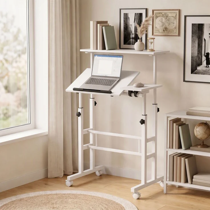 Steh-Sitz-Schreibtisch, höhenverstellbarer Schreibtisch 70 x 60 cm, auf Rollen mit neigbarer Tischplatte, 70 x 60 x 70,5–120 cm, Weiß – Bild 3