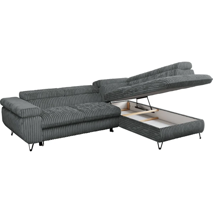 Mks Möbel 'Peter L-form' Ecksofa mit Bettfunktion, Bettkasten & einstellbaren Kopfstützen, Dunkelgrau, Cord, mit Topper, rechts – Bild 5