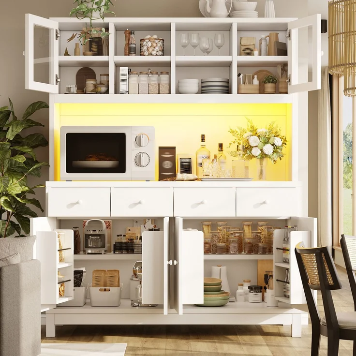 Hochbuffetschrank 140*38.5*180cm mit App-gesteuerter RGB-LED, Glastüren & 4 Schubladen, verstellbare Einlegeböden, Naturholz-Optik, belastbar bis 100kg – Bild 3