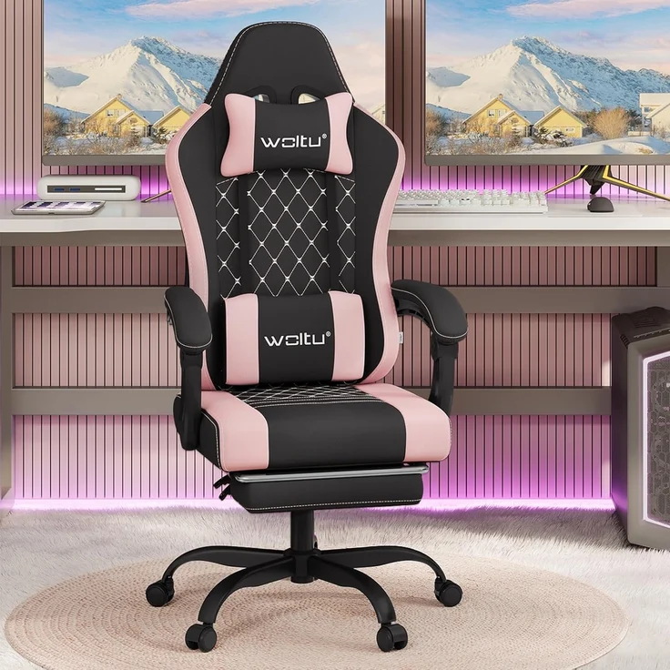 WOLTU Gaming Stuhl mit Massagefunktion, Computerstuhl Ergonomisch, Taschenfederkissen, Lendenmassage, Kopfkissen, Fußstütze, Drehstuhl, 150 kg, Netzstoff, Schwarz+Rosa