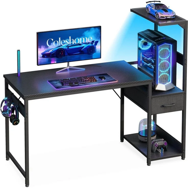 ODK Gamingtisch mit LED-Beleuchtung, Regal & Schublade in Carbon-Optik (1-St), 138 cm Computertisch & Schreibtisch – Bild 3