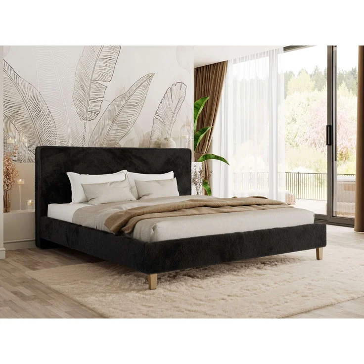 Design Polsterbett LUMARO CLASSIC 160x200 cm mit Lattenrost & 12cm hohen Füßen, Doppelbett mit Kopfteil, Konfigurierbar, Pocket Matratze - Schwarz Plüsch - VIRE LUX – Bild 1