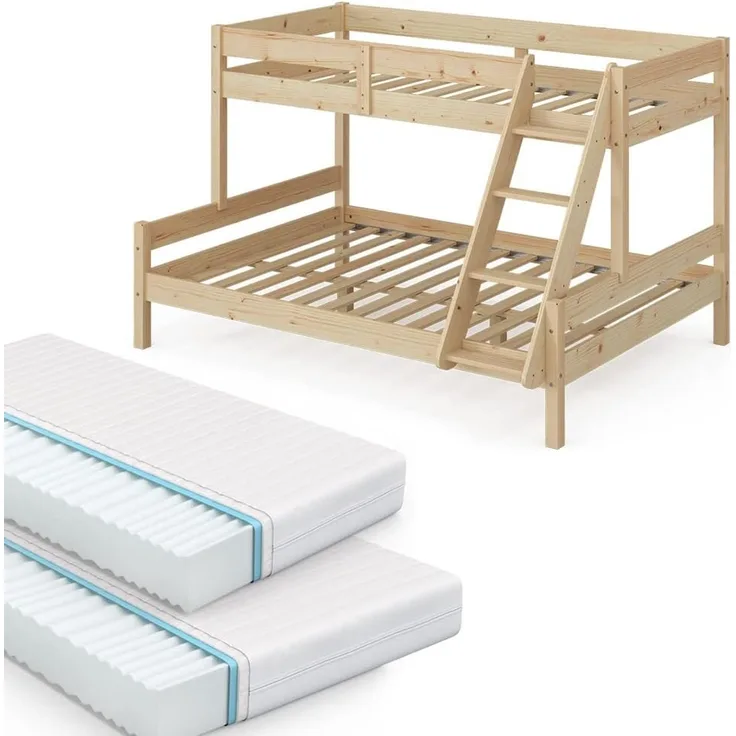Etagenbett Everest Naturholz 140x200 / 90x200 cm mit 2 Matratzen Vitalispa