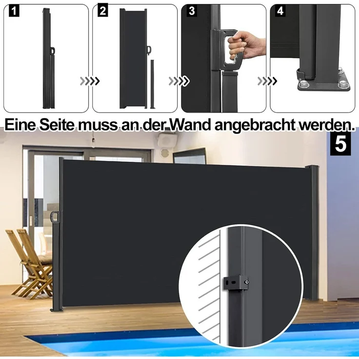 FIVMEN Markise Seitenmarkise Alu Ausziehbar Blickdicht Sonnenschutz mit Wandhalterung Sichtschutz Markise für Balkon, Terrasse, Garten – Bild 3