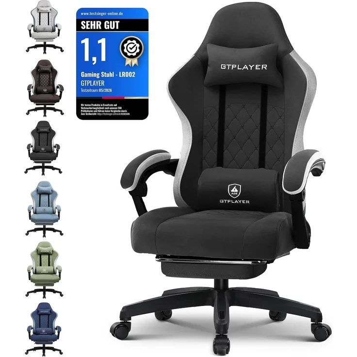 GTPLAYER Gaming Stuhl Ergonomischer Gaming Sessel Schreibtischstuhl mit Stoffoberfläche, Federsitzkissen, Verbindungsarmlehnen und Fußstütze, Schwarz – Bild 1