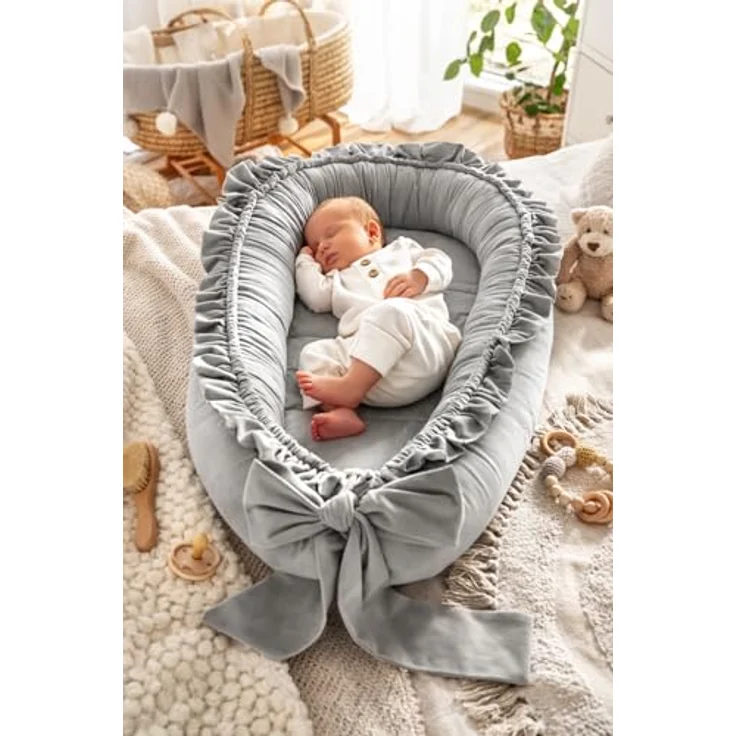 Babynestchen Neugeborene – Babynest Velvet – Nestchen Baby für Babybett & Kinderbett – Babykokon Tragbar – OEKO-TEX zertifiziert – Zubehör Babybett – Grau Velvet – Bild 2