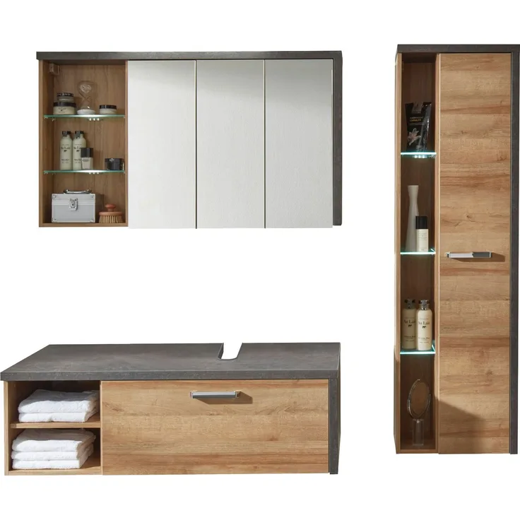 Badmöbel Set "Bay" Eiche Riviera, Beton grau, 3-teilig (186x190 cm), ohne Waschbecken
