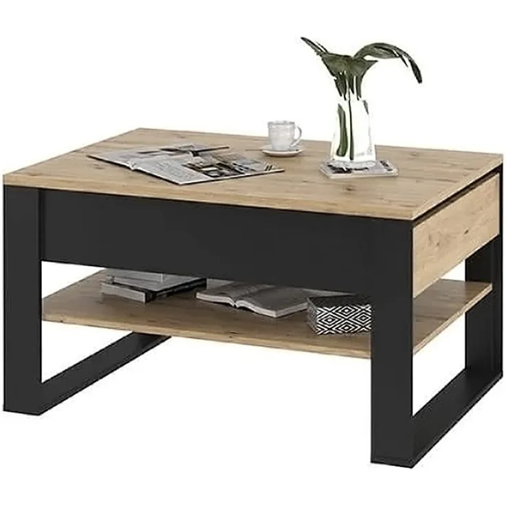 Selsey Quant - Couchtisch in Eiche Artisan und Schwarz mit Fach und Zwei Schubladen, 100 cm breit