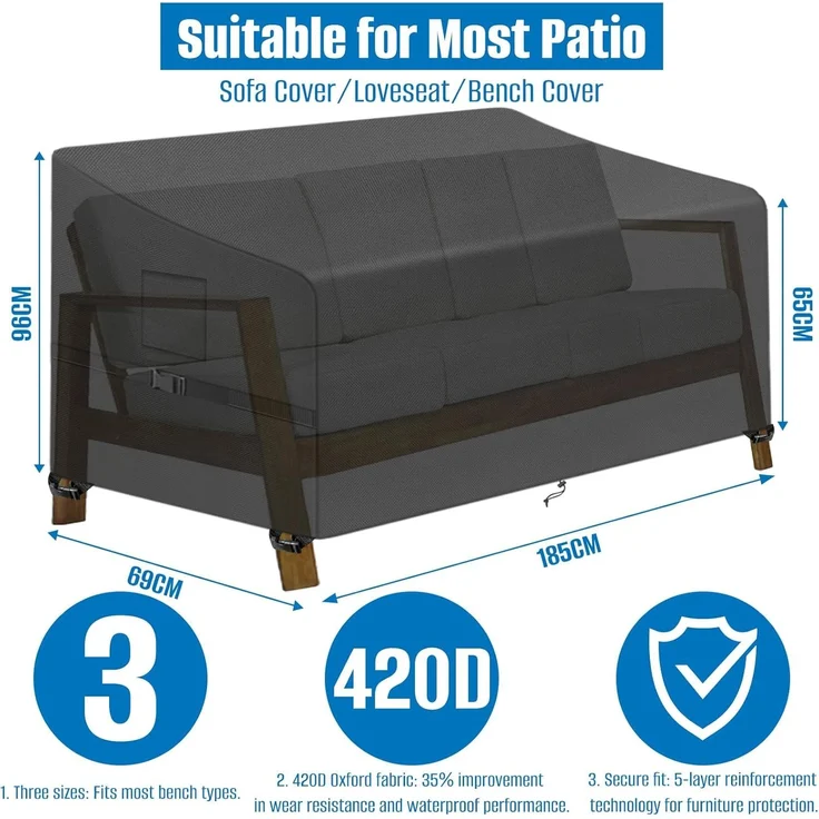 SIRUITON 4-Sitzer Gartenbank Abdeckung mit Belüftungsöffnungen, wasserdicht, winddicht, UV-Beständiges, reißfestes Schwerlast 420D Oxford Gewebe Schutzhülle für Gartenbank, Gartensofa(185 x 69 x 65/96 cm) – Bild 2
