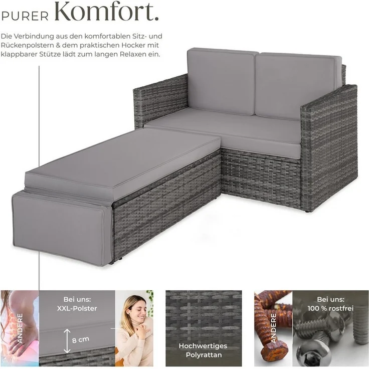 tectake Sofa Set - 2 Sitzer Sessel mit Hocker und Schlaffunktion, kleine Rattan Couch als Outdoor Gartenmöbel, wetterfest für Lounge, Balkon und Garten, klappbar mit Polstern – Bild 2