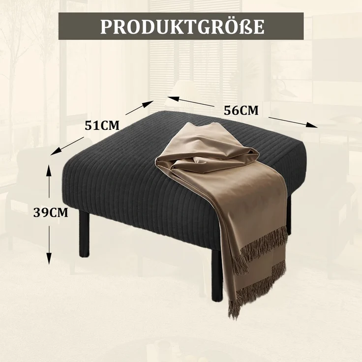 Fußhocker B 56 x T 51 x H 39 cm, grauer Cordbezug und Metallrahmen, 1 Stück – Bild 8