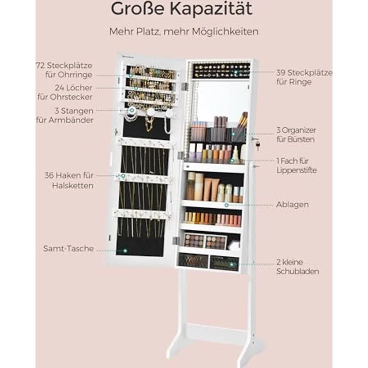 SONGMICS Schmuckschrank, Spiegelschrank, mit rahmenlosem Ganzkörperspiegel, LED-Beleuchtung, Innenspiegel, 2 Schubladen, abschließbar, wolkenweiß JJC023W01 – Bild 5