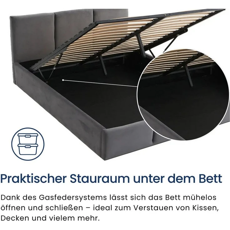 Home Collective Polsterbett Stauraumbett 120x200, 140x200, 160x200, 180x200 cm mit Kopfteil, 160×200 cm, mit Gasdruckfeder, Metallrahmen, Samtpolsterung, Graphit – Bild 3