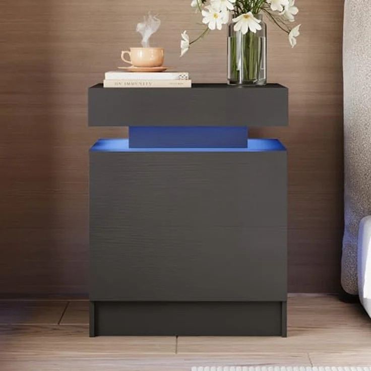 IRONCK Nachttisch Grau mit LED-Licht & Ladefunktion, Beistelltisch mit USB+Typ-C Anschlussen, Nachtschrank mit 2 Schubladen, Sofatisch für Schlafzimmer, Wohnzimmer, 35 x 48 x 60 cm – Bild 3