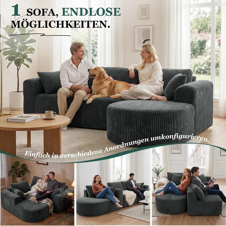 COMHOMA Ecksofa mit Schlaffunktion, 263cm -LCorduroy Modulares Boneless Couch mit Chaiselongue, L-Form Schlafsofa, Sektionssofas mit Kissen & Seitentaschen,Sofa für Wohnzimmer, Keine Montage, Grau – Bild 6