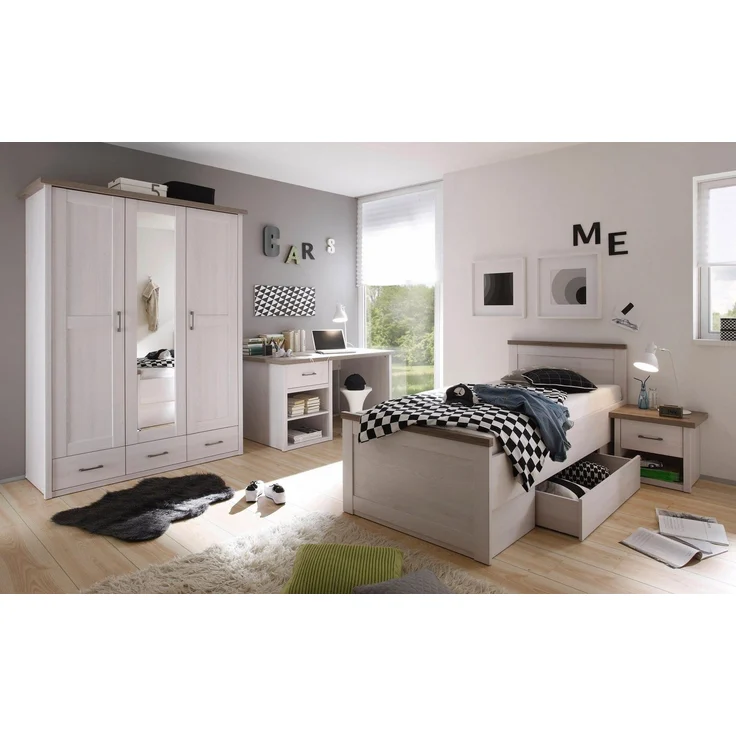 Jugendzimmer Luca in Pinie Weiß und Trüffel Kinderzimmer Landhaus Komplett Set in verschiedenen Varianten wählbar - 5 teilig , Kleiderschrank + Jugendbett + Nachttisch + Schreibtisch + Standregal , 90 x 200 cm – Bild 4