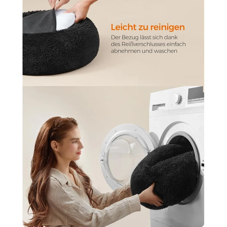 Feandrea Hundebett flauschig, Katzenbett, Donut Kissen, waschbar, Polsterung in der Mitte herausnehmbar, Langer Plüsch, 50 cm Durchmesser, tintenschwarz PGW037B01 – Bild 7