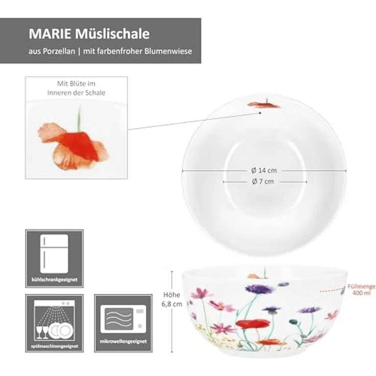 MamboCat Müslischale 6x Marie Müsli-Schale Ø14cm 400ml Porzellan Dessert-Schüssel Blume, Porzellan – Bild 6