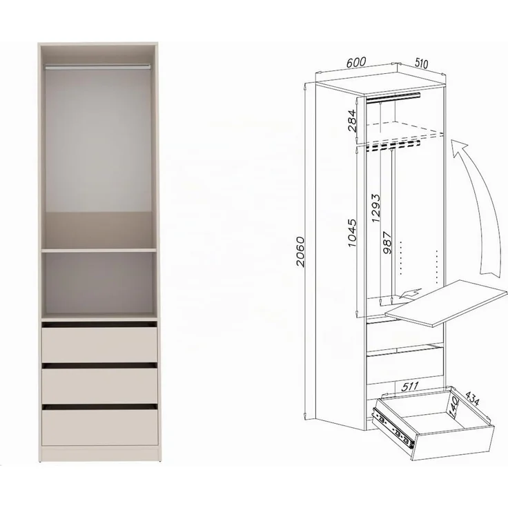 Marmex Möbel TRES SET J Kleiderschranksystem, offener Kleiderschrank mit Kleiderbügeln, Regalen, Schubladen, multifunktionales Kleiderschrankset für Schlafzimmer, laminierte Spanplatte, graubeige cashmere, 210x206x51 cm – Bild 4