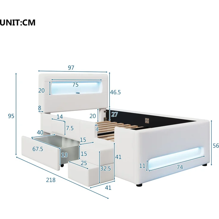 Polsterbett mit Treppe, LED & Schublade, 90x200 cm, Weiß, ohne Matratze – Bild 10