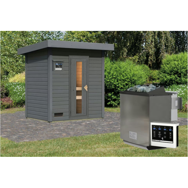 Karibu Sauna Hytti 1 terragrau mit 9 kW Bio-Ofen mit externer Steuerung