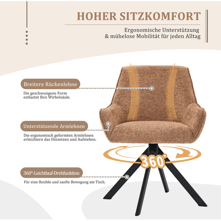 GOEURVANT 2178 Esszimmerstühle 2er-Set mit Armlehnen, 360° Drehbar, Wippfunktion, Chenille - Orange – Bild 7