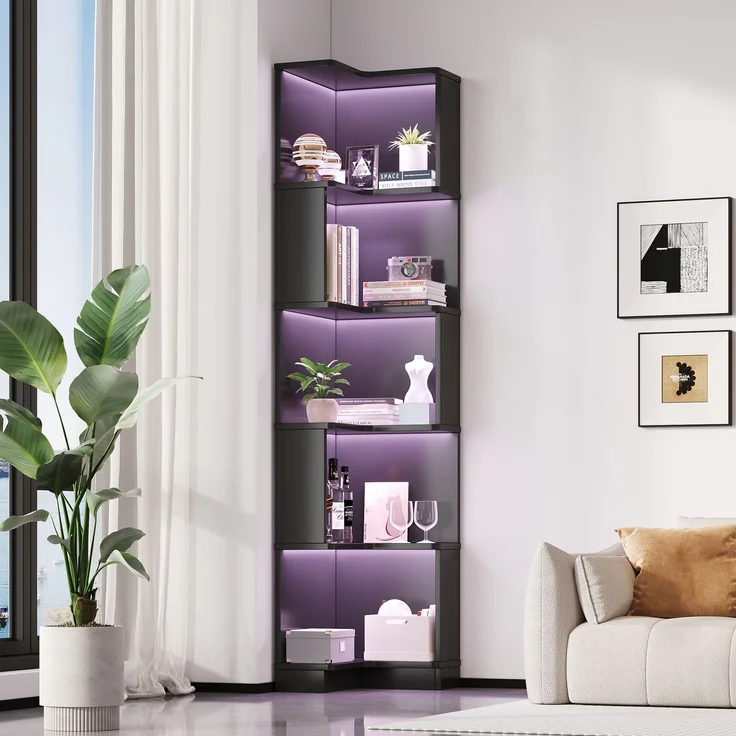 Flieks Eckregal mit LED 63.5×45×175 cm, Eckbücherregal 5 Ebenen, Bücherregal Ecke mit App-Steuerung, Standregal modern, Schwarz – Bild 2
