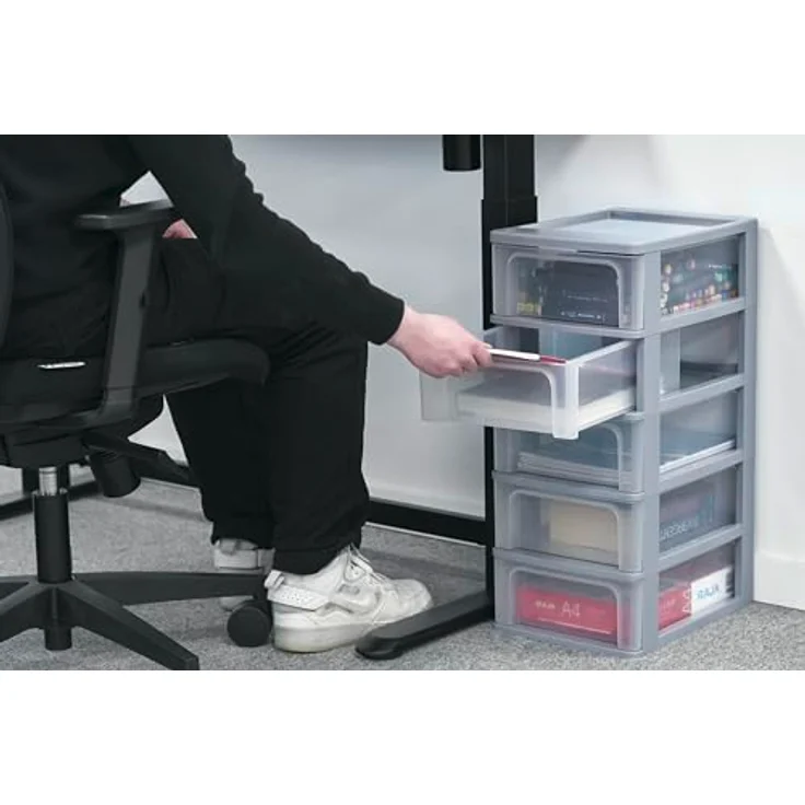 Iris Ohyama, Kunststoff Schubladenbox mit 5 flachen Schubladen, Grau, Easy-Pull-System, A4, A5 & A6 Format, Schreibtisch Organizer für Büro, Schule, Schreibwaren, BPA-frei, Schubladenschrank, OCH-2005 – Bild 4