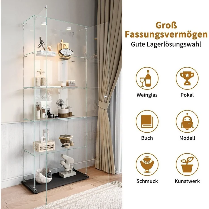 Simurq Glasvitrine Standvitrinen mit LED-Beleuchtung, Modern Glas Vitrinenschrank (1-St,Glas Vitrine mit 2 Glastür und 5 Lagen,Standvitrine mit Schloss) Modern Glasvitrinen,Sammelvitrine aus Glas – Bild 3