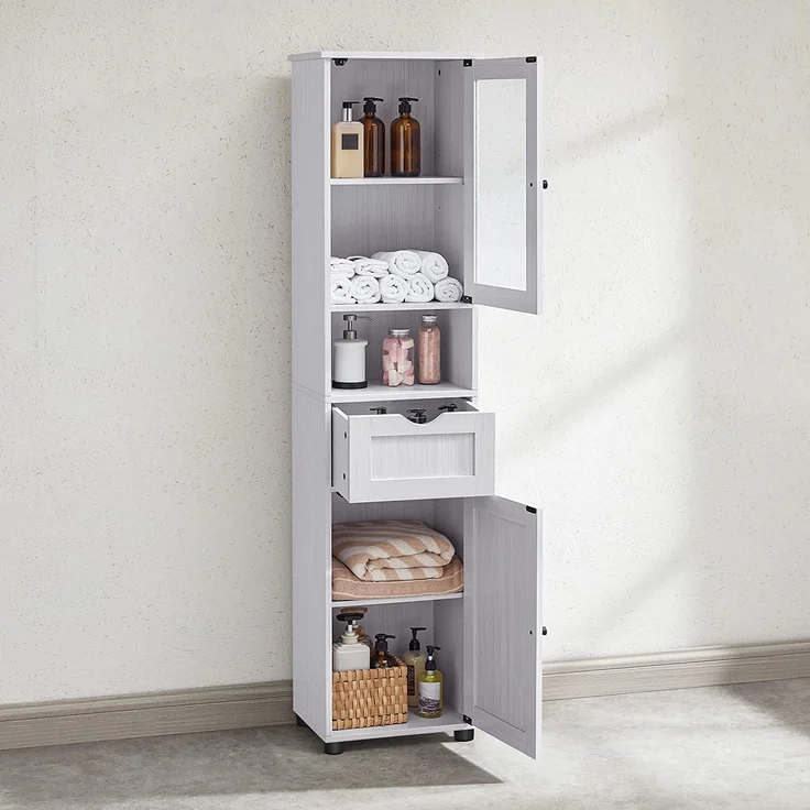 VASAGLE Badezimmerschrank, Badschrank, Hochschrank, offenes Fach, Glastür, schmal Badezimmermöbel, Badmöbel mit Füßen, höhenverstellbare Ablagen, 40x30x165 cm, hellgrau mit Holzmaserung BBK163T44 – Bild 9