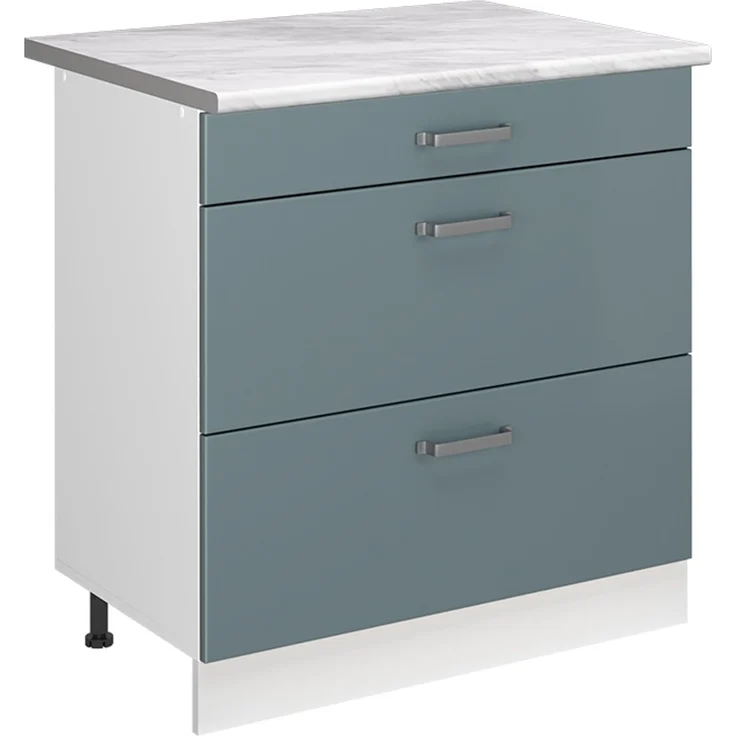 Küchenunterschrank R-Line Blau-Grau/Weiß 80 cm mit 3 Schubladen Arbeitsplatte Marmor Vicco – Bild 1