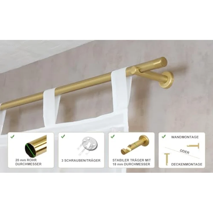 iso-design Gardinenstange Messing Matt 20 mm Endstück Kappe Wand- oder Deckenmontage, Ø 20 mm, 1-läufig, Fixmaß, verschraubt, Aluminium, Mit Metallsäge beliebig kürzbar – Bild 3