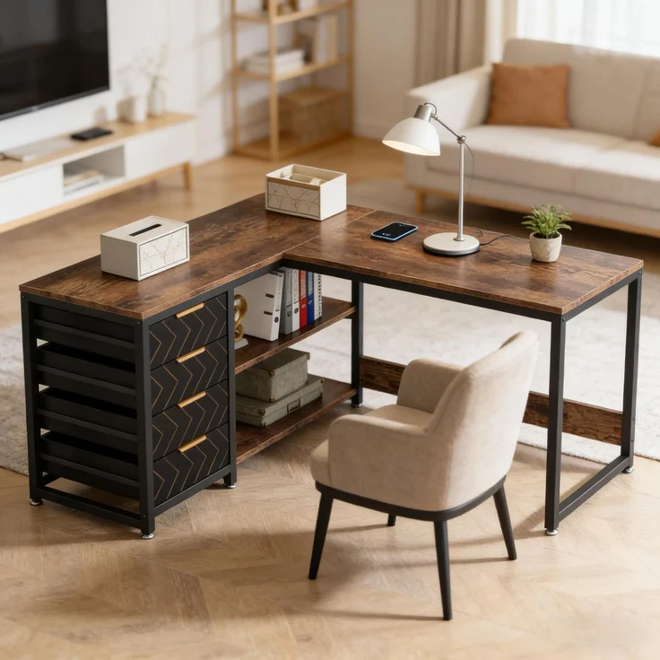 Stilvoll Computertisch,Bürotisch,Arbeitstisch,Eckschreibtisch,L-förmiger Schreibtisch (nur Tisch)--Schwarz, Rustikales Braun--150x110x75cm--YOUDENOVA – Bild 3