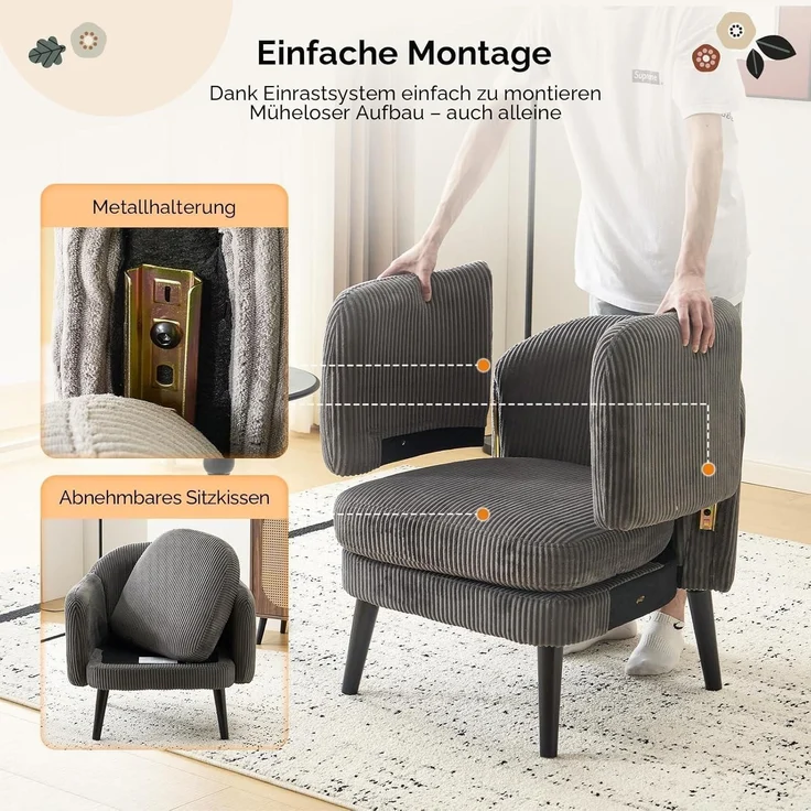 Sessel Cocktailsessel Loungesessel Lesesessel 113kg Cord-stoff Grau – Bild 6