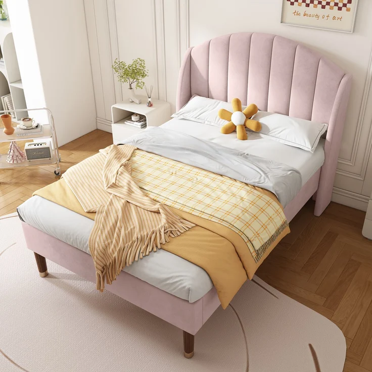 EINHOM Polsterbett 90 x 200 cm mit Lattenrost und Kopfteil, Jugendbett, Einzelbett, Holzlattenunterstützung, Einfache Montage, Samt, Rosa, (Ohne Matratze) – Bild 2