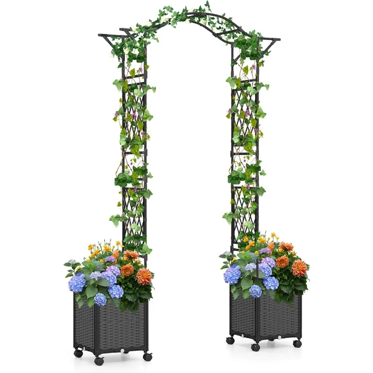 2 in 1 Rosenbogen mit Blumenkasten Gartenbogen aus Metall & PP Spalier Rankbogen Grau – Bild 1