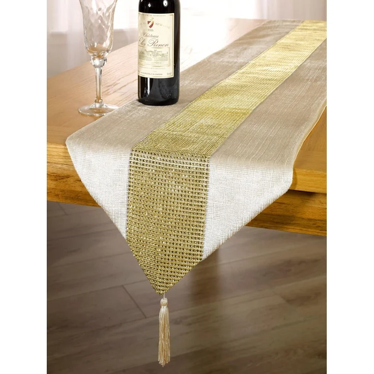 Emma Barclay ECLAT Tischläufer mit glitzernden Quasten, 33x183 cm, Nerzfarben / goldfarben – Bild 1