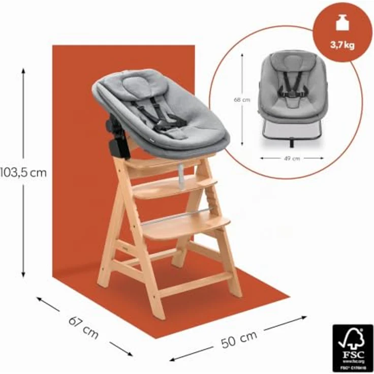 hauck All-in-One Baby Hochstuhl, Alpha Start N Grow Set Natural Dark Grey | Babywippe, Sitzverkleinerer, Sitzpolster, Klick-Essbrett, Spielbrett mit 3 Spielaufsätzen, Mitwachsend ab Geburt bis 90 kg – Bild 2