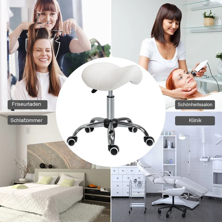 Rollhocker höhenverstellbar Drehhocker 49-61 cm Arbeitshocker drehbar Sattelhocker für Büro Salon Massage Spa Weiß--Weiß--61x52x53cm--YOUDENOVA – Bild 7