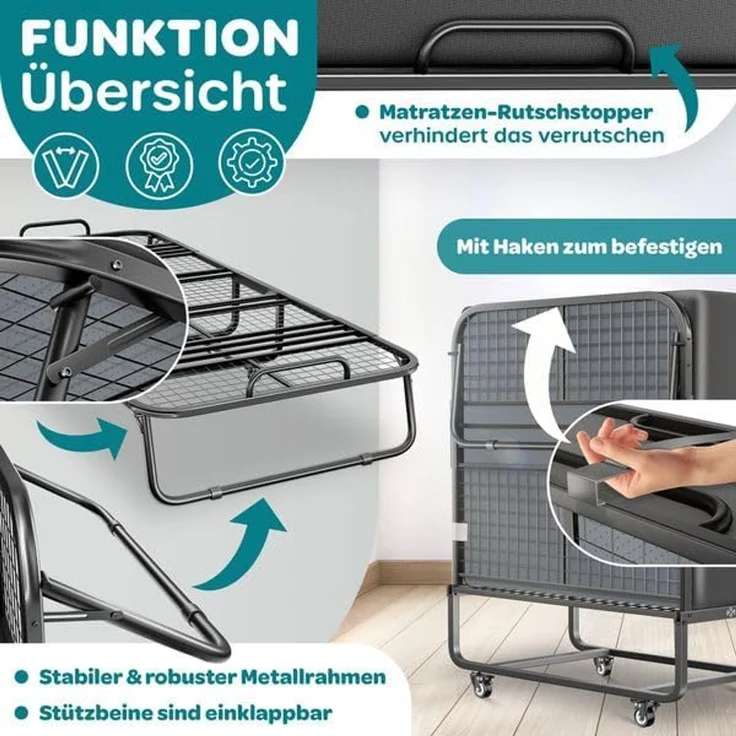 KESSER® Klappbett 200x90cm Gästebett inkl. Matratze aus Memory-Schaum & Rollen | faltbares Reisebett mit Metallrahmen für Erwachsene belastbar bis 250kg | Metallbett mit Schaumstoffmatratze & Cover Anthrazit, Deluxe Plus – Bild 3
